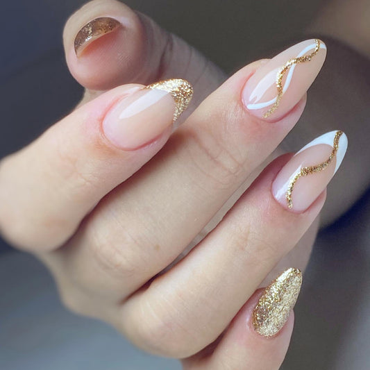 Experienced Medium Almond Gold Glitter Press On Nails