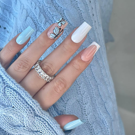 Give Guidance Medium Square Blue Butterfly Press On Nails
