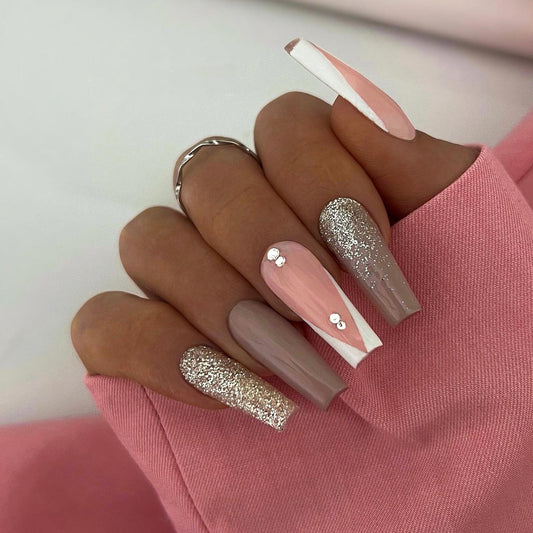 Glittery Charm Long Coffin Pink Glitter Accent Press On Nail Set with Rhinestones