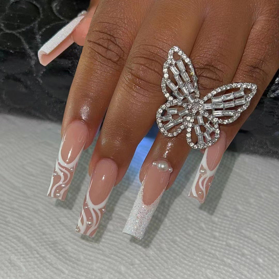 It Is What It Is Long Square White Glitter Press On Nails
