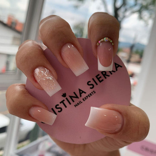 Elegant Bridal Collection Medium Coffin Ombre Press On Nail Set with Rhinestone Accents Pink and White