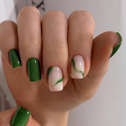 Genuine Short Square Green Marble Press On Nails