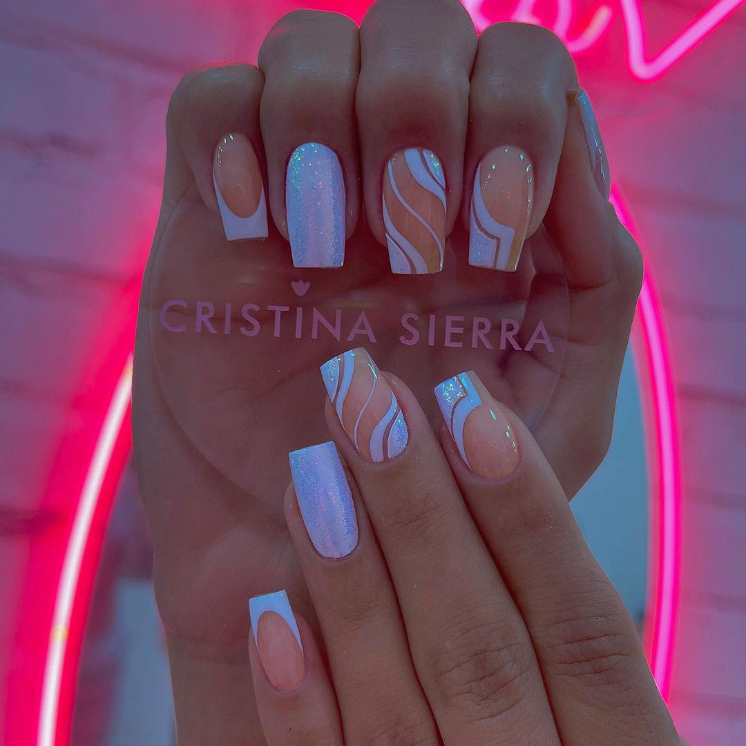 Enchanted Glow Medium Length Square Shape Pastel Pink and White Holographic Glitter Press On Nail Set