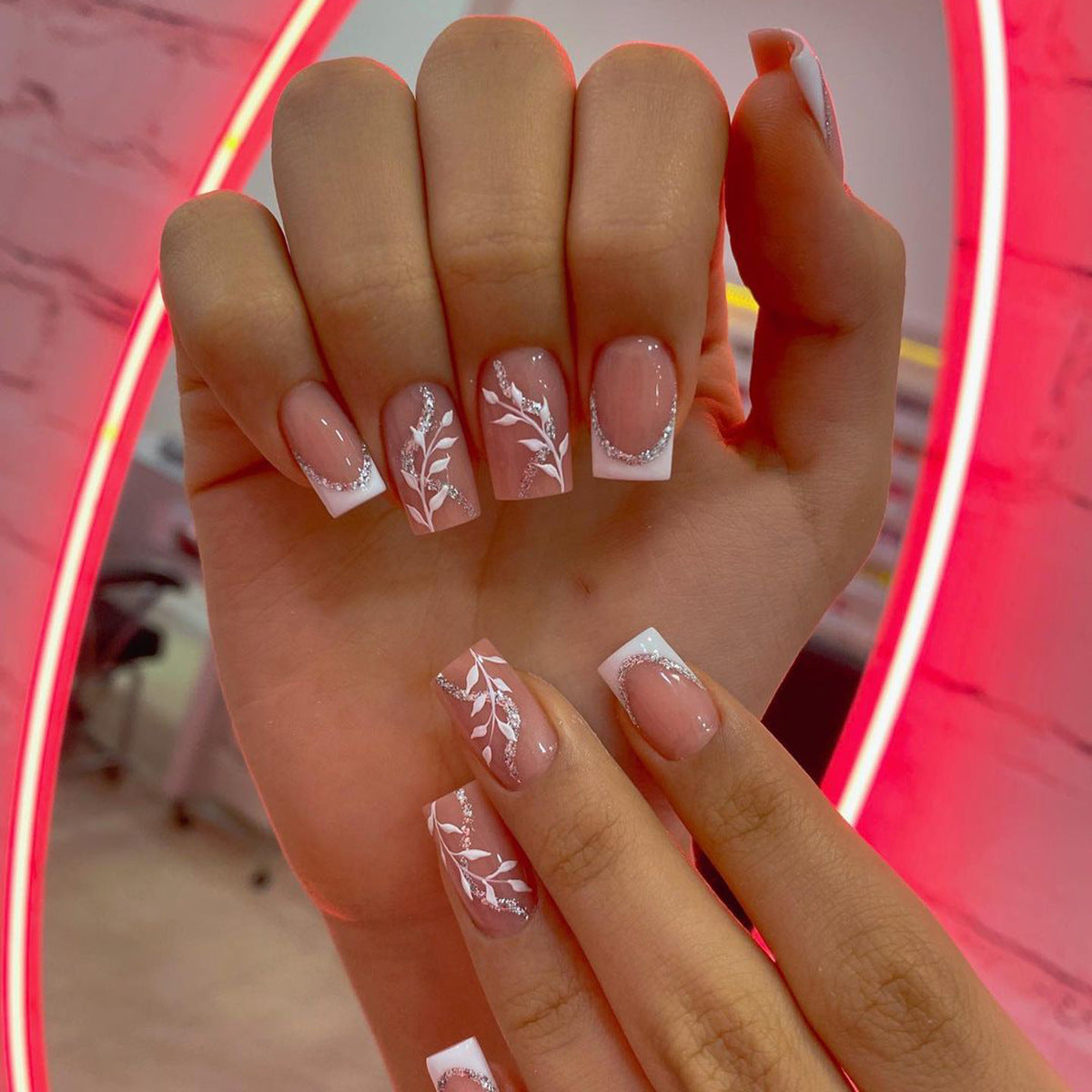 Enchanted Garden Medium Square Pink Press On Nail Set with Silver Glitter Accents