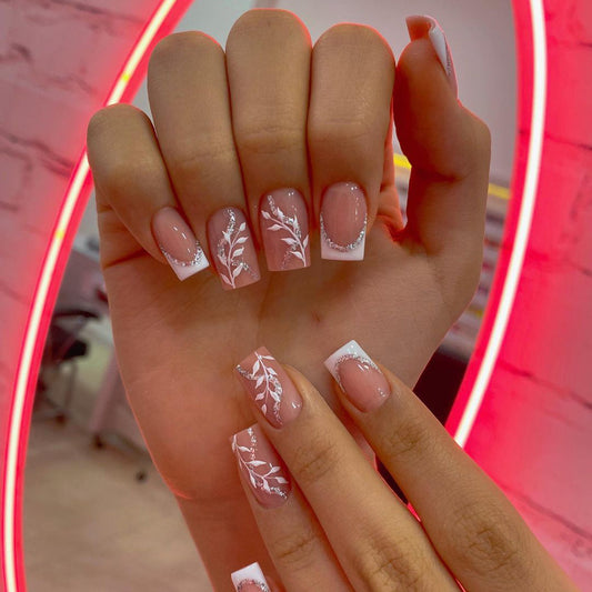 Enchanted Garden Medium Square Pink Press On Nail Set with Silver Glitter Accents