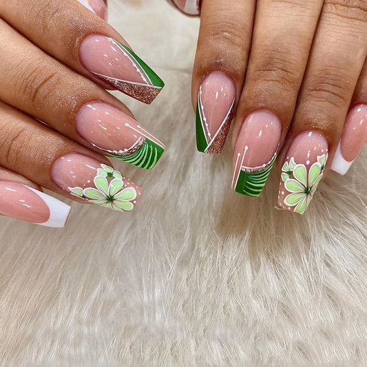 Island Glam Medium Coffin Green Vacation Press On Nails