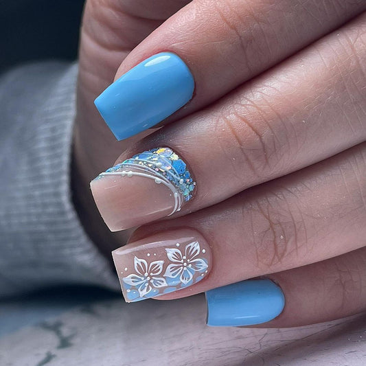 Sweet Waves Short Square Blue Vacation Press On Nails