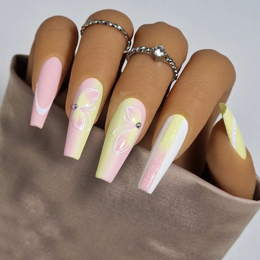 Ethereal Butterfly Long Coffin Pink Summer Press On Nails