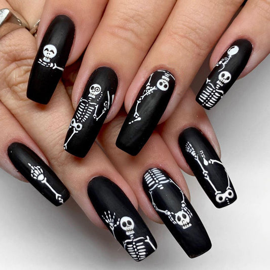 Skeleton Dance Long Square Black Halloween Press On Nails