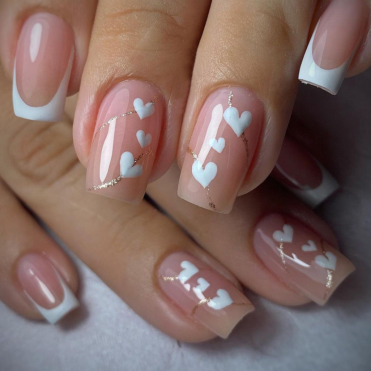 Romantic Rendezvous Medium-Length Square Blush Press-On Nails with White Heart Design and Gold Accents