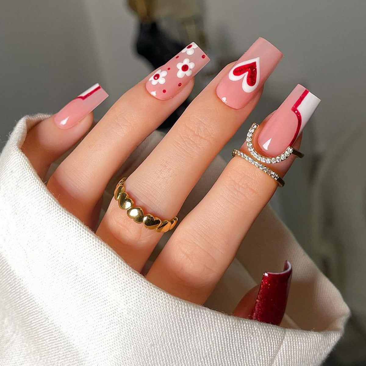 Flirty Long Coffin Baby Pink Press-On Nails with Polka Dots and Glossy Red Accents for a Chic Look