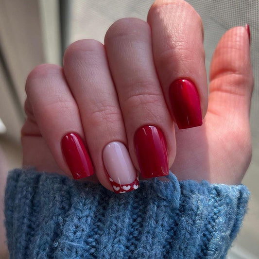 Valentine's Day Medium Square Deep Red Press-On Nails with Sheer Pink Accent and Heart Design