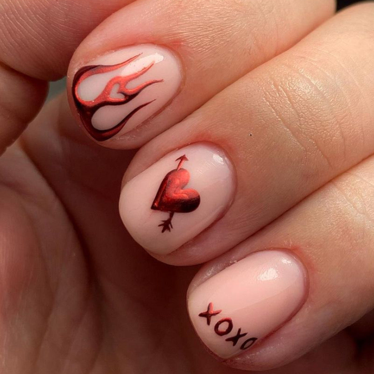 Sweetheart Short Rounded Natural Press-On Nails with Red Heart and XOXO Design
