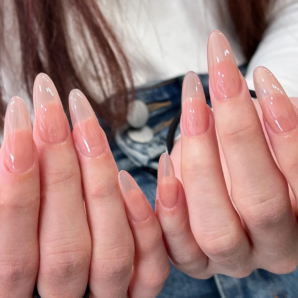 Elegant Ombre Extra Long Almond Pink Press On Nail Set with High Gloss Finish