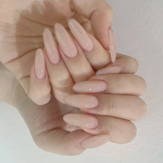 Elegant Bridal Long Almond Beige Press On Nail Set with Shimmer Finish