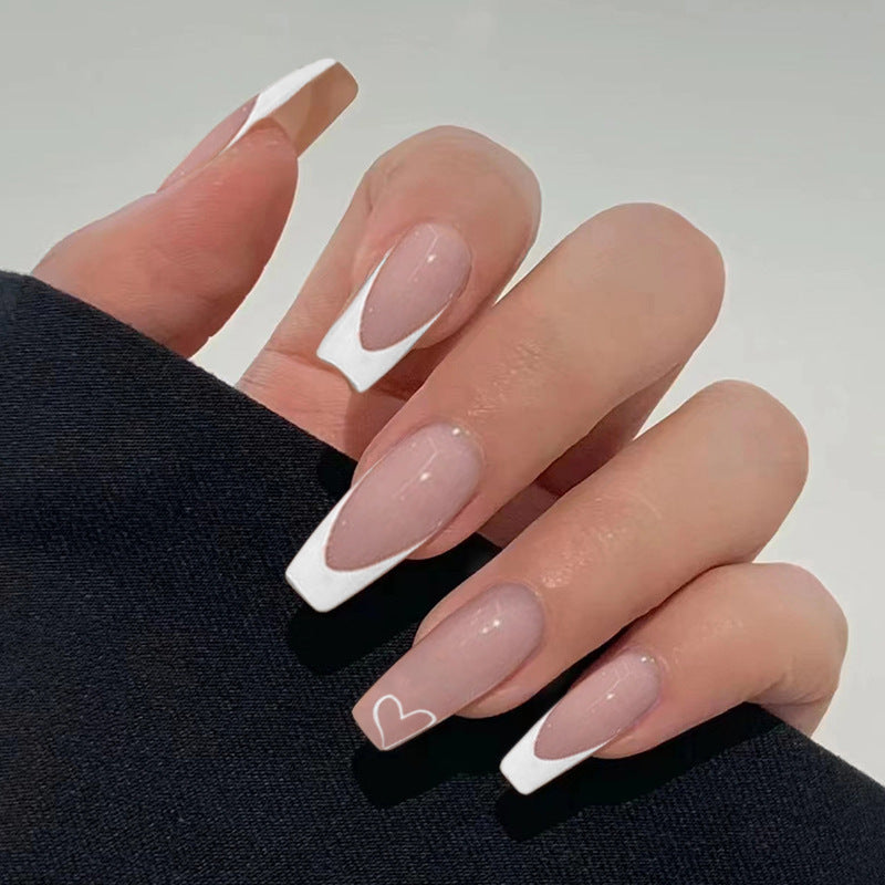 Romantic Elegance Extra-Long Coffin Beige Press on Nails with White Tips and Love Heart Accent