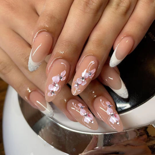 Elegant Spring Blossom Long Almond Beige Press On Nail Set with Silver Glitter Accents and 3D Flower Embellishments