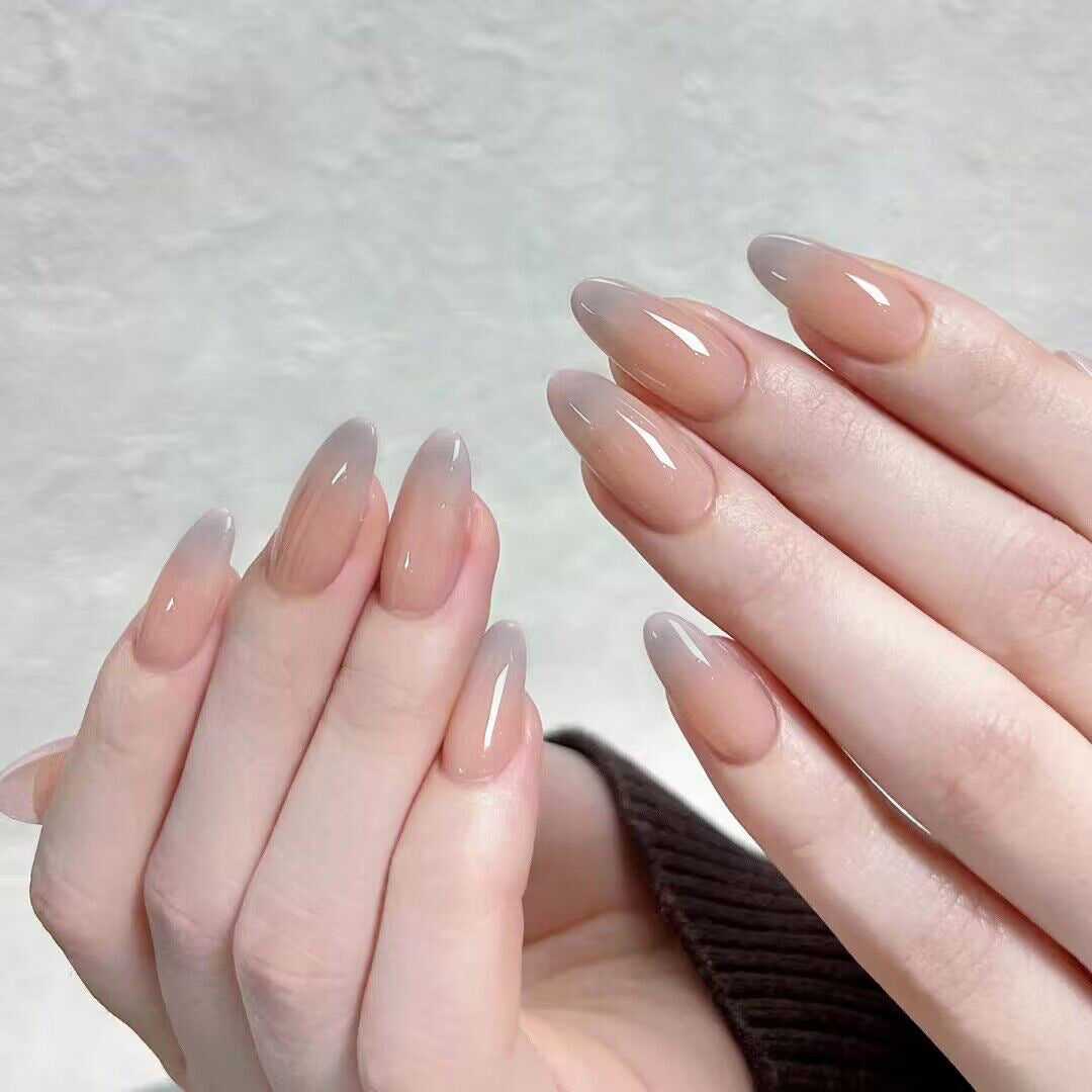 Elegant Beige Long Almond Press On Nail Set with Natural Ombre Finish