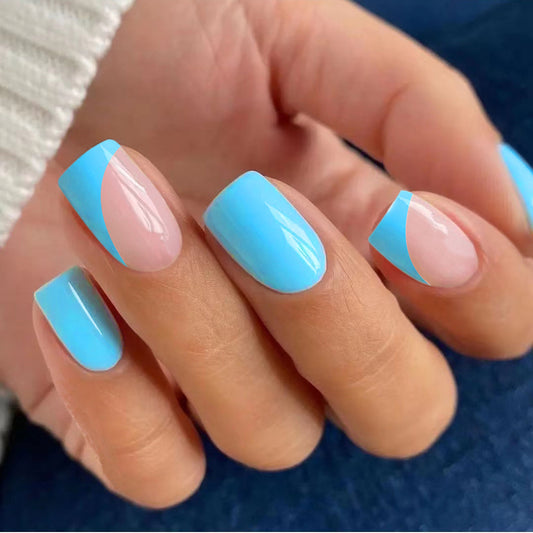 Ocean Bliss Medium Length Square Shape Sky Blue Press On Nails with French Tip Design
