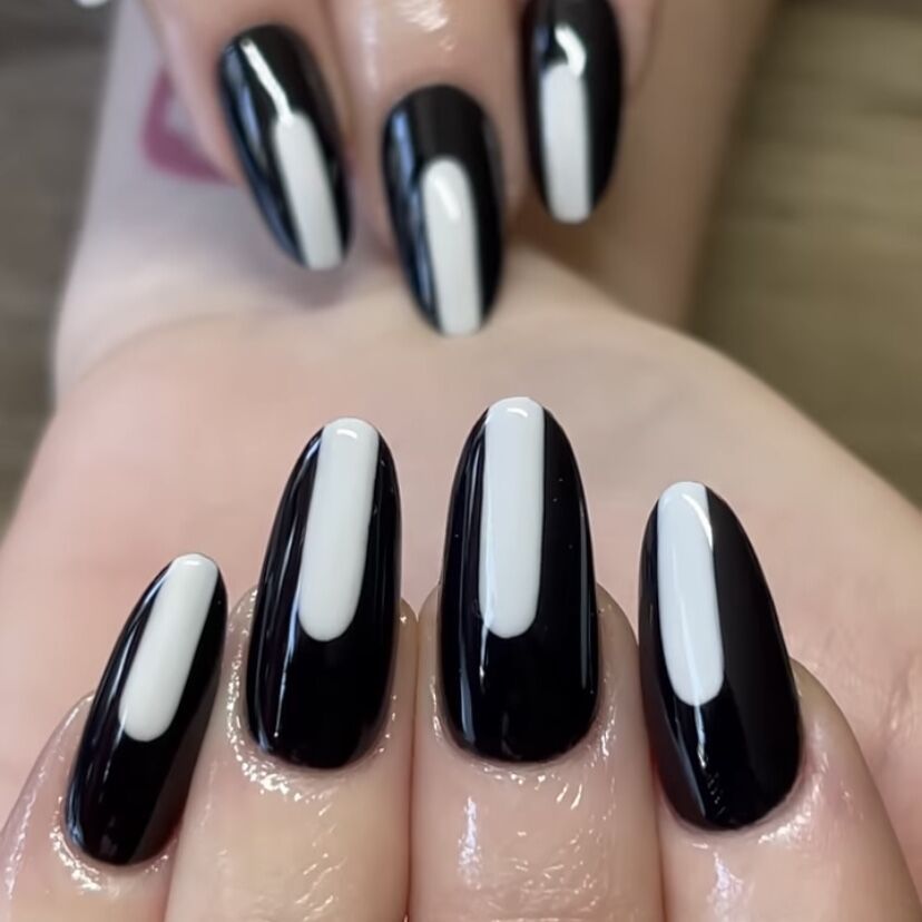 Elegant Evening Long Oval Black and White Dual-Tone Press on Nail Set