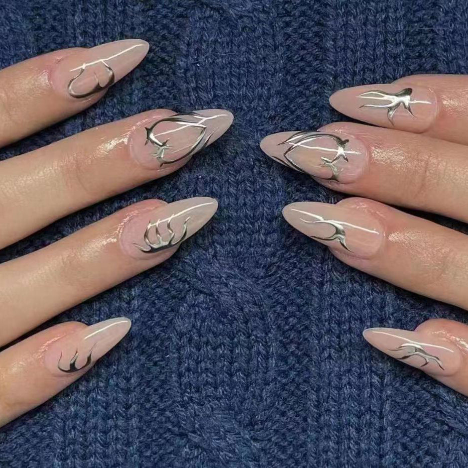 Enchanted Garden Medium Almond Beige Press On Nail Set with Floral Art Design