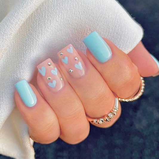 Enchanted Romance Medium Square Baby Blue Press On Nails with Love Heart Accents and Rhinestone Embellishments