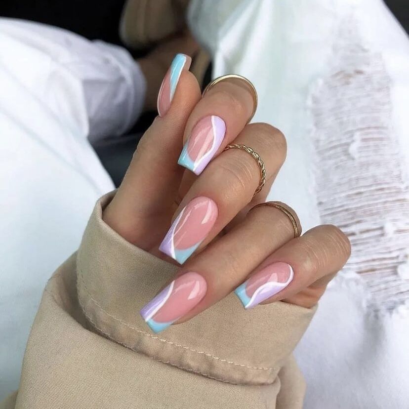 Spring Elegance Long Coffin Pastel Pink and Blue Marbled Press On Nail Set