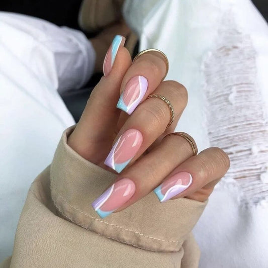 Spring Elegance Long Coffin Pastel Pink and Blue Marbled Press On Nail Set