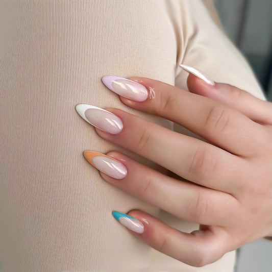 Spring Pastel Parade Long Almond Multicolor Ombre Press On Nails with Glossy Finish