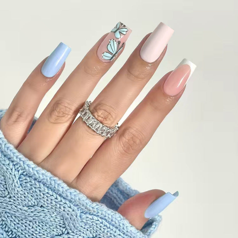 Butterfly Kisses Long Square Shape Pastel Pink Blue Press On Nail Set with 3D Butterfly Art Design