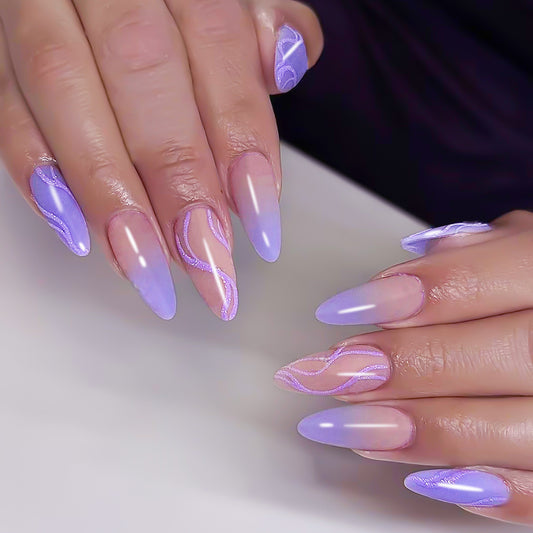 Ethereal Elegance Long Almond Lavender Press On Nail Set with Iridescent Swirl Accents