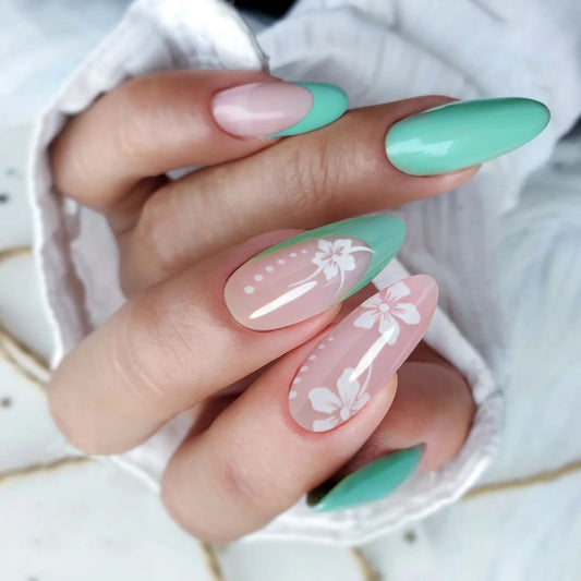 Spring Blossom Medium Almond Pastel Pink and Green Floral Pattern Press On Nail Set