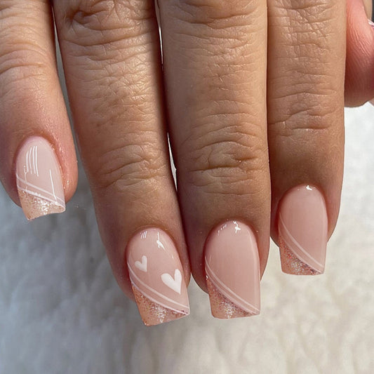 Romantic Elegance Long Square Peach Press On Nails with Heart Accents and Glitter Tips