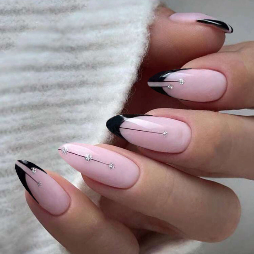Elegant Evening Medium Almond Pink and Black Press On Nail Set with Rhinestone Accents