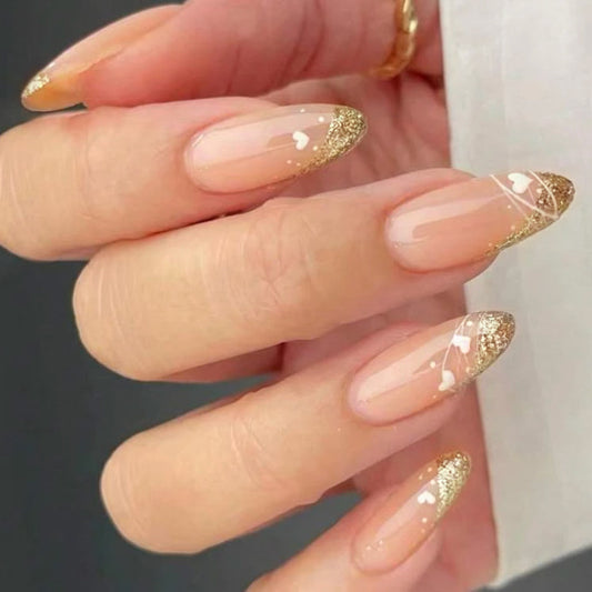 Elegant Bridal Collection Extra Long Almond Beige Glitter Accent Press On Nail Set