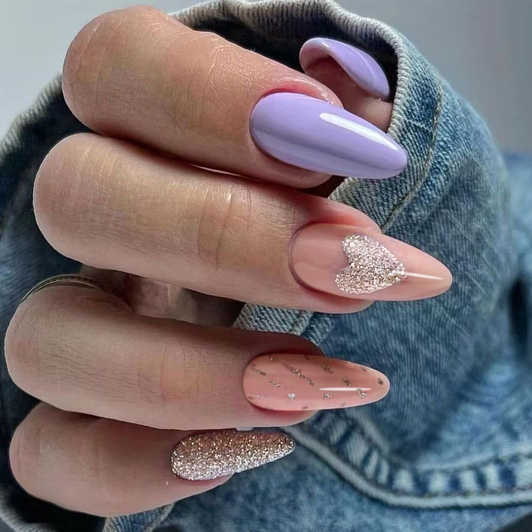 Enchanted Elegance Medium Almond Pastel Purple and Beige Press On Nails With Glitter Accents and Rhinestone Embellishments