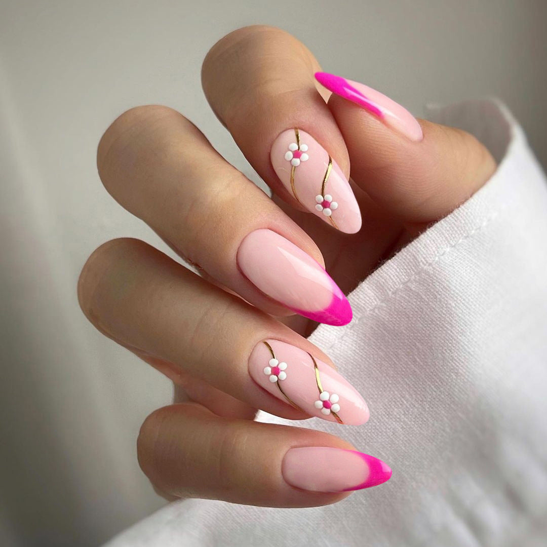Spring Blossom Long Almond Pink Gradient Press On Nail Set with Floral Accents