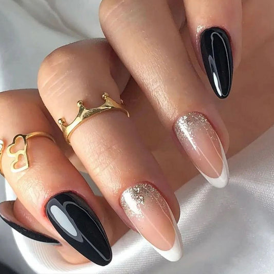 Elegant Evening Long Almond Black and Glitter Ombre Press On Nail Set for Instant Manicure Magic