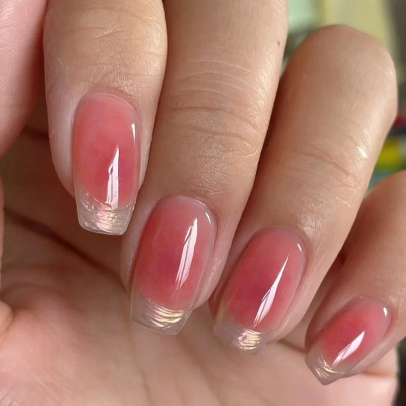 Elegant Sunset Ombre Medium Square Coral to Clear Press on Nail Set with Metallic Accent