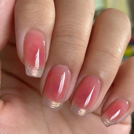 Elegant Sunset Ombre Medium Square Coral to Clear Press on Nail Set with Metallic Accent