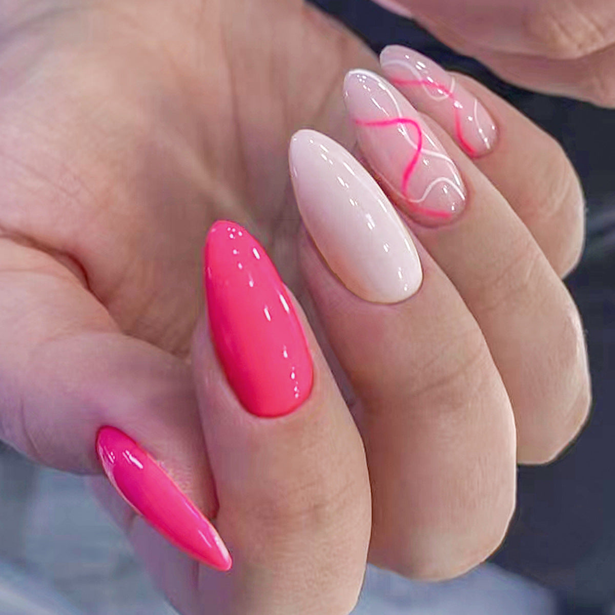 Summer Elegance Long Almond Press On Nails Set, Dual-Tone Pink and Beige with Swirl Accent