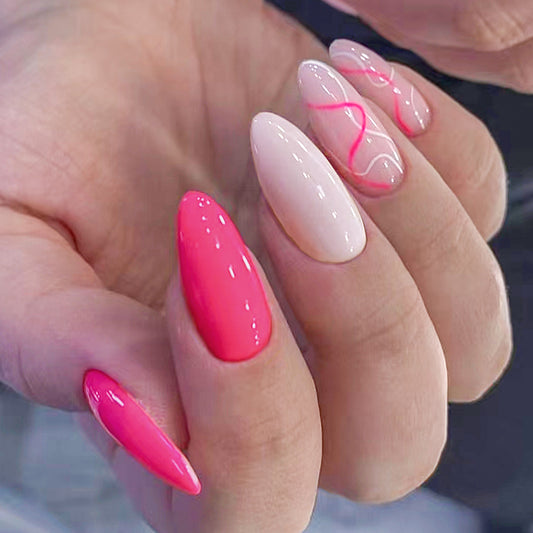 Summer Elegance Long Almond Press On Nails Set, Dual-Tone Pink and Beige with Swirl Accent