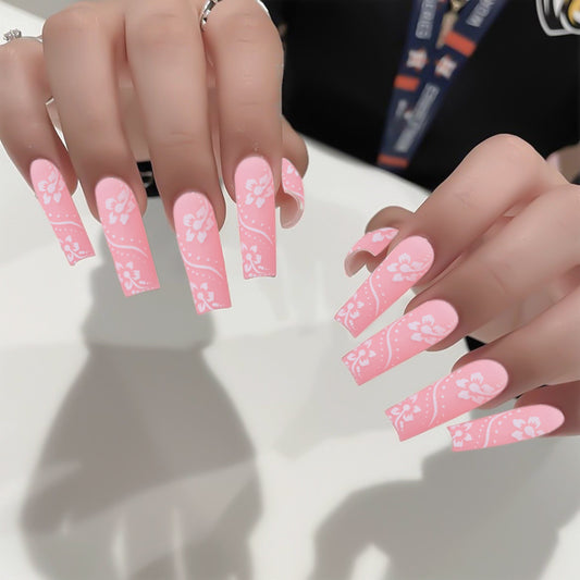 Sakura Blossom Long Square Pink Press On Nail Set with Floral Design