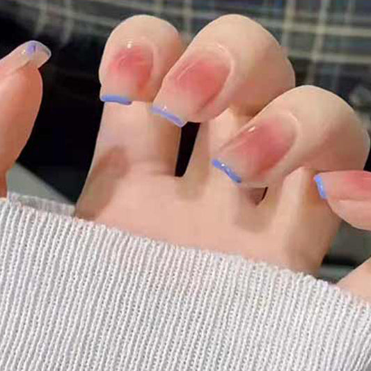 Elegant Skyline Blue Medium Square Clear Press On Nail Set with Sheer Design
