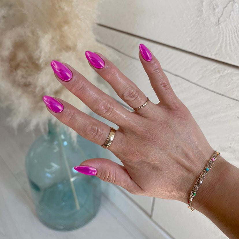 Enchanted Glamour Medium Almond Hot Pink Press On Nails with High Gloss Finish