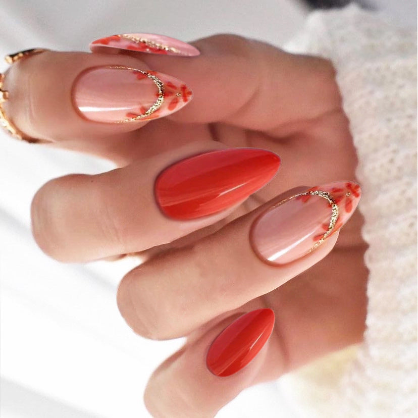 Autumn Elegance Long Almond Coral Press On Nail Set with Gold Chain Accent