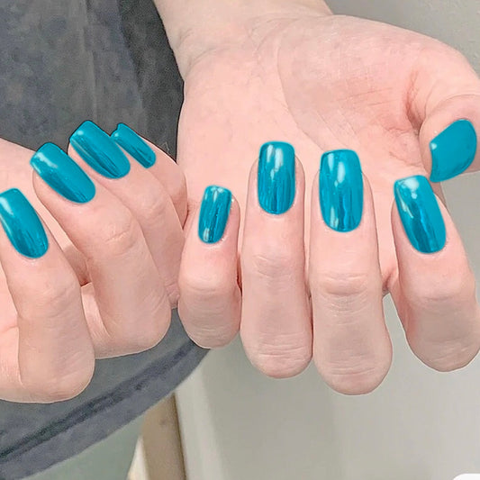 Ocean Elegance Medium Square Teal Press On Nails with High Gloss Finish