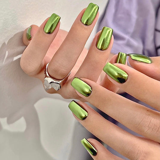 Emerald Enchantment Medium Square Shape Green Metallic Press On Nail Set with Shimmer Finish