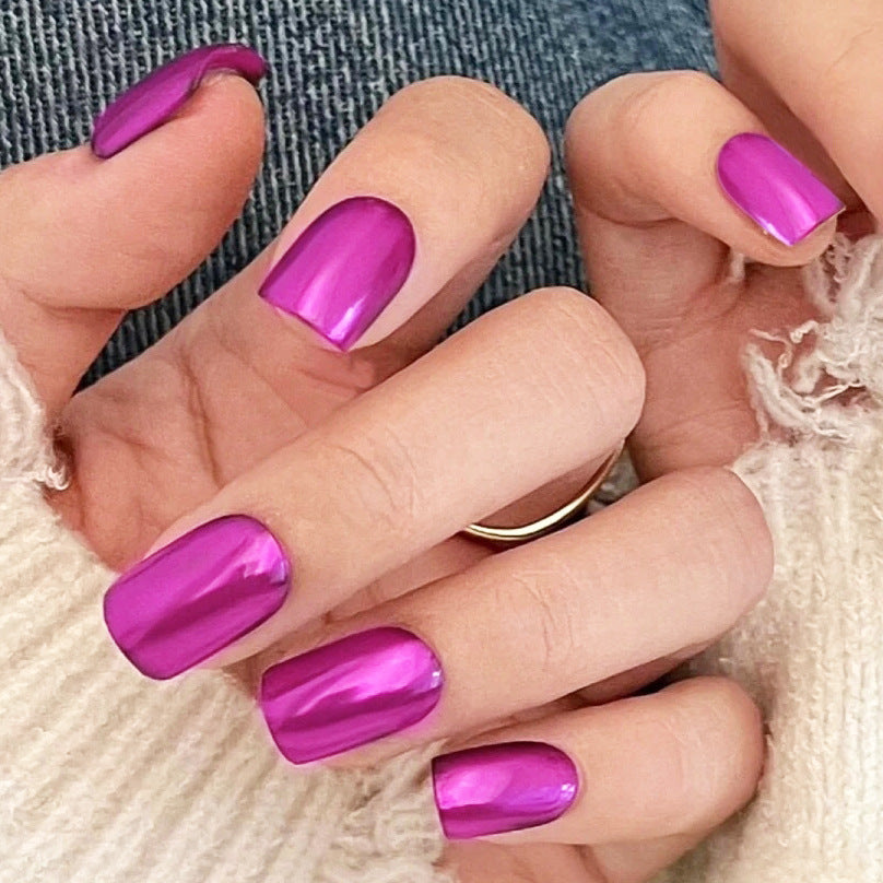 Glamourous Metallic Finish Medium Square Shape Press On Nails in Lustrous Fuchsia Color