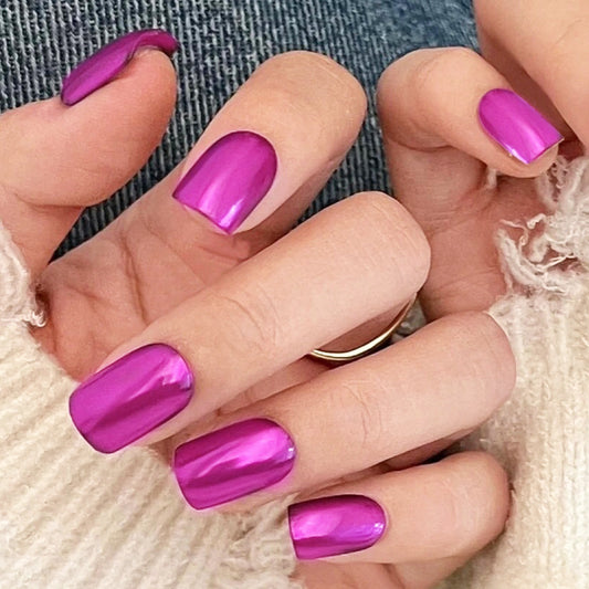 Glamourous Metallic Finish Medium Square Shape Press On Nails in Lustrous Fuchsia Color